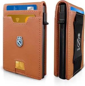 Bifold Wallet for Men | Pop Up Slim Metal Aluminum Wallet | NFC RFID Blocking | Credit Card Holder | Minimalist Mens Wallet with Window ID | Smart Wallet | Cash Strap | Gifts for Men (Tan)