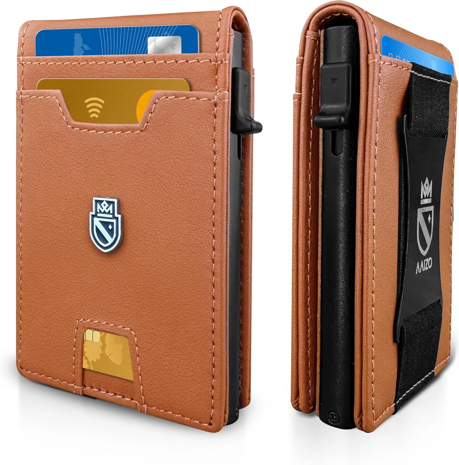 Bifold Wallet for Men | Pop Up Slim Metal Aluminum Wallet | NFC RFID Blocking | Credit Card Holder | Minimalist Mens Wallet with Window ID | Smart Wallet | Cash Strap | Gifts for Men (Tan)