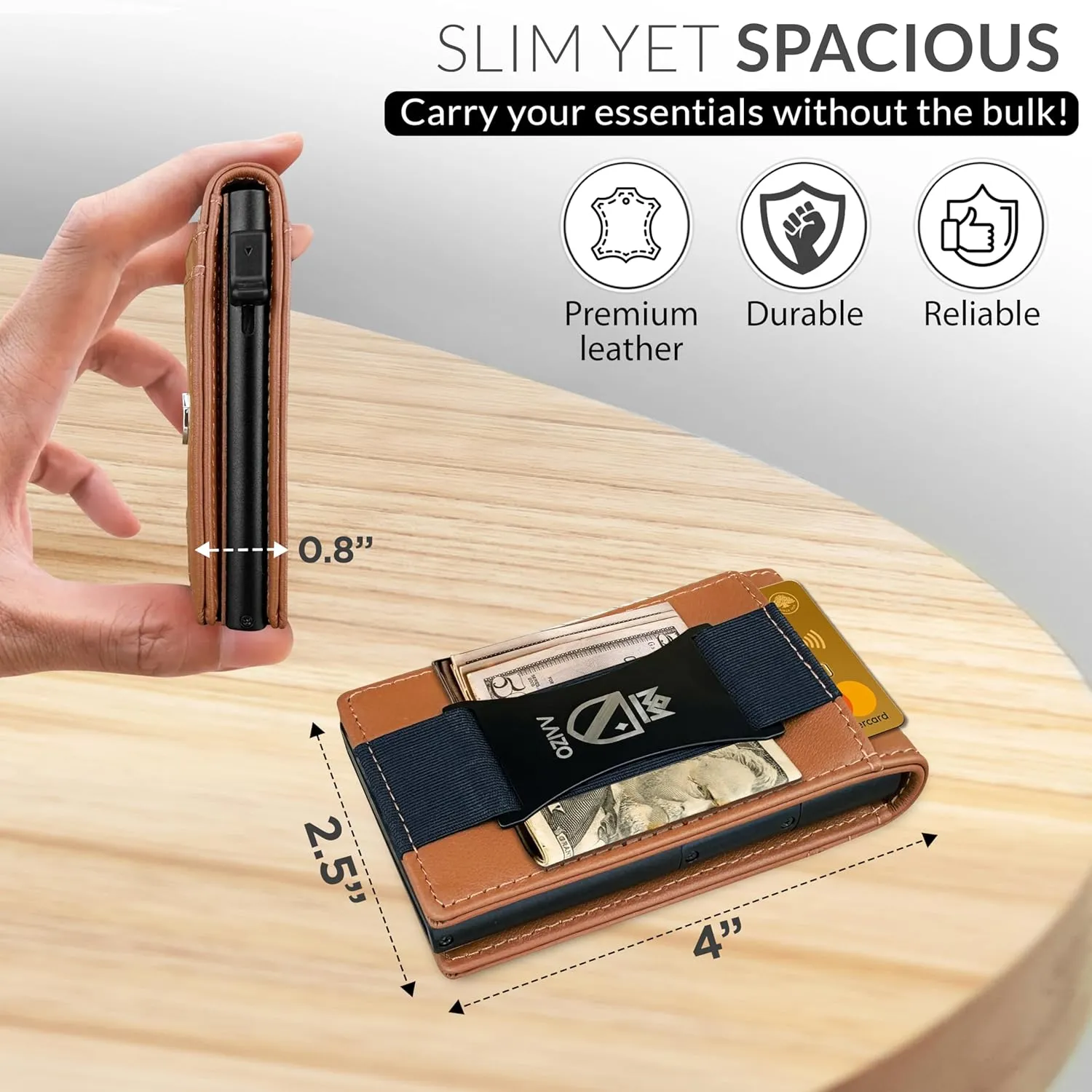 Bifold Wallet for Men | Pop Up Slim Metal Aluminum Wallet | NFC RFID Blocking | Credit Card Holder | Minimalist Mens Wallet with Window ID | Smart Wallet | Cash Strap | Gifts for Men (Tan)