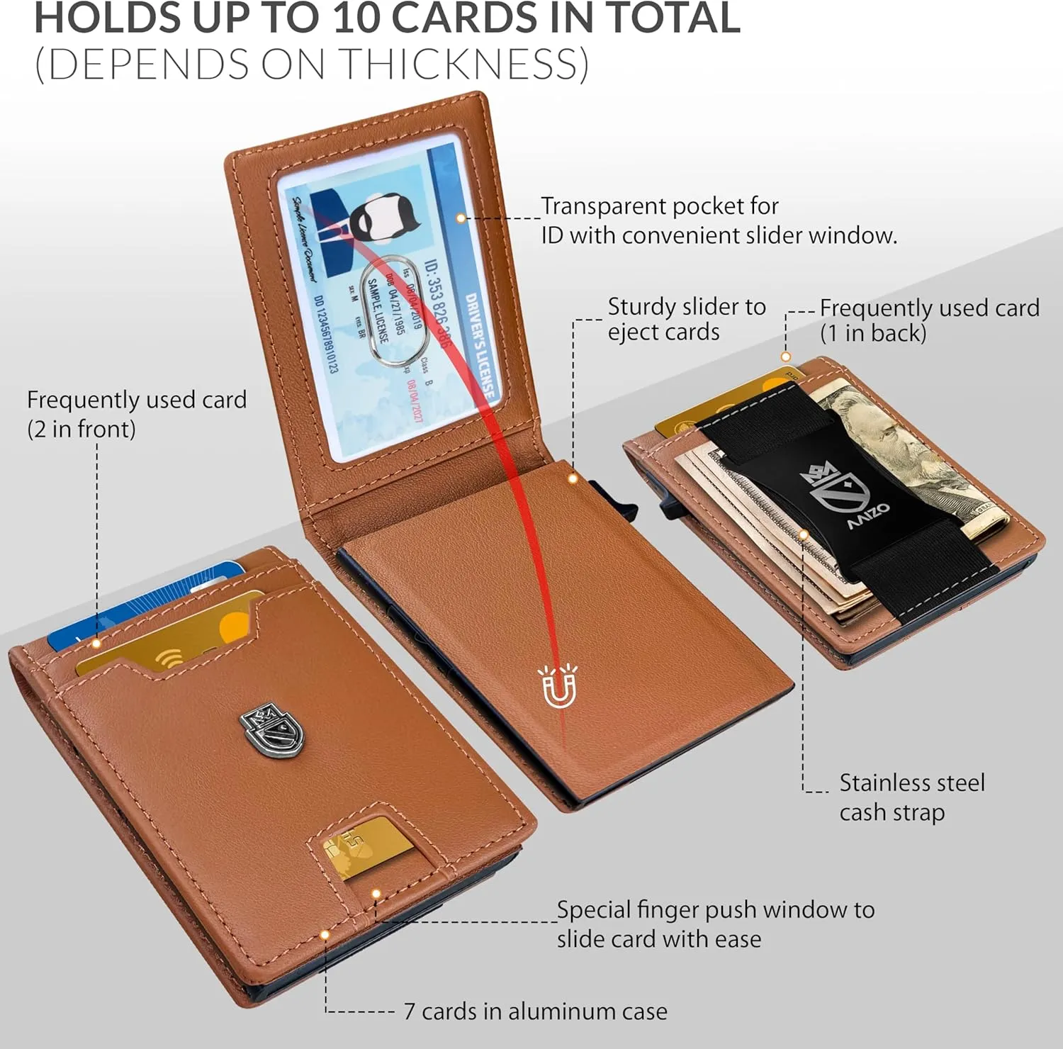 Bifold Wallet for Men | Pop Up Slim Metal Aluminum Wallet | NFC RFID Blocking | Credit Card Holder | Minimalist Mens Wallet with Window ID | Smart Wallet | Cash Strap | Gifts for Men (Tan)