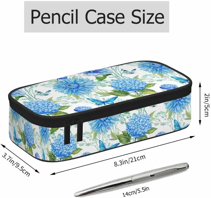 Blue Flower Pencil Holder Bag Hydrangea Butterflies Floral Green Leaves Pencil Case College Office School for Teens Boy Girl