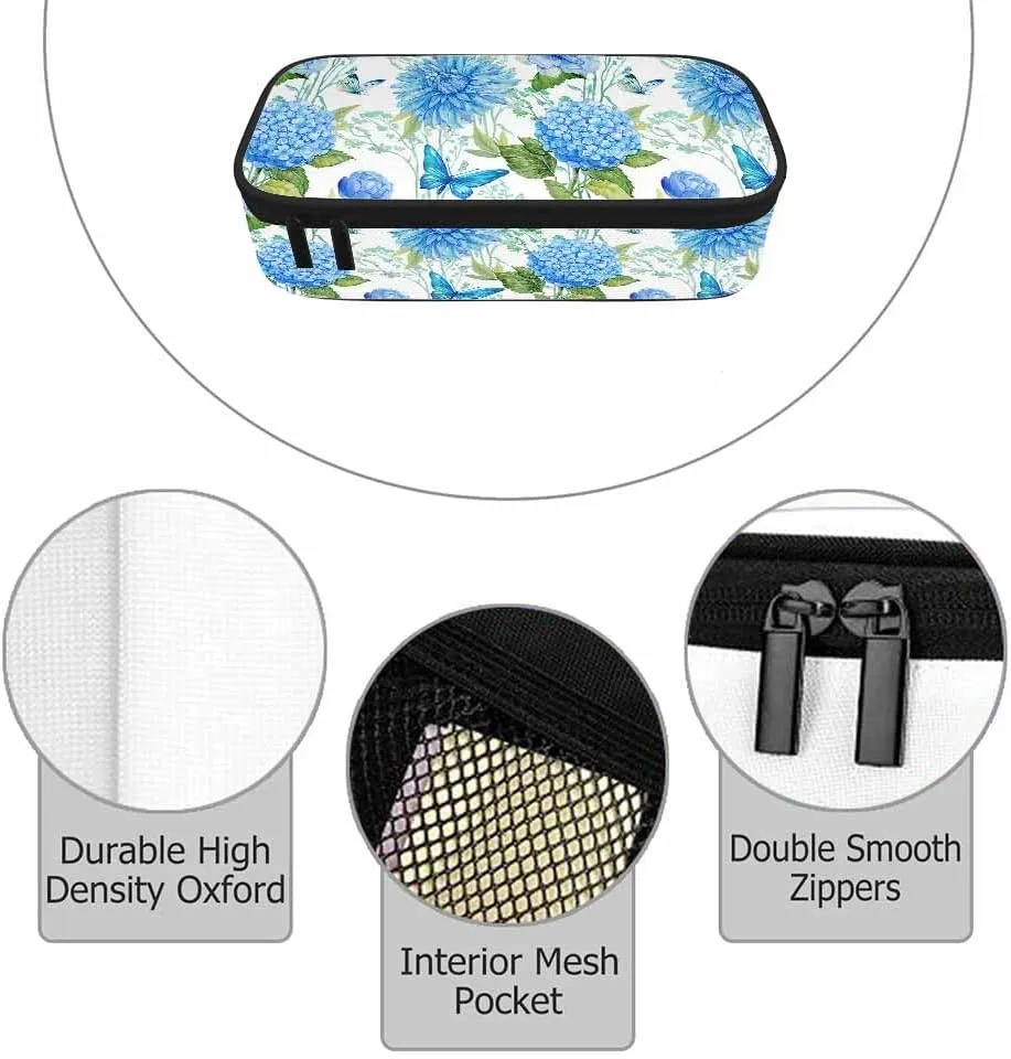 Blue Flower Pencil Holder Bag Hydrangea Butterflies Floral Green Leaves Pencil Case College Office School for Teens Boy Girl