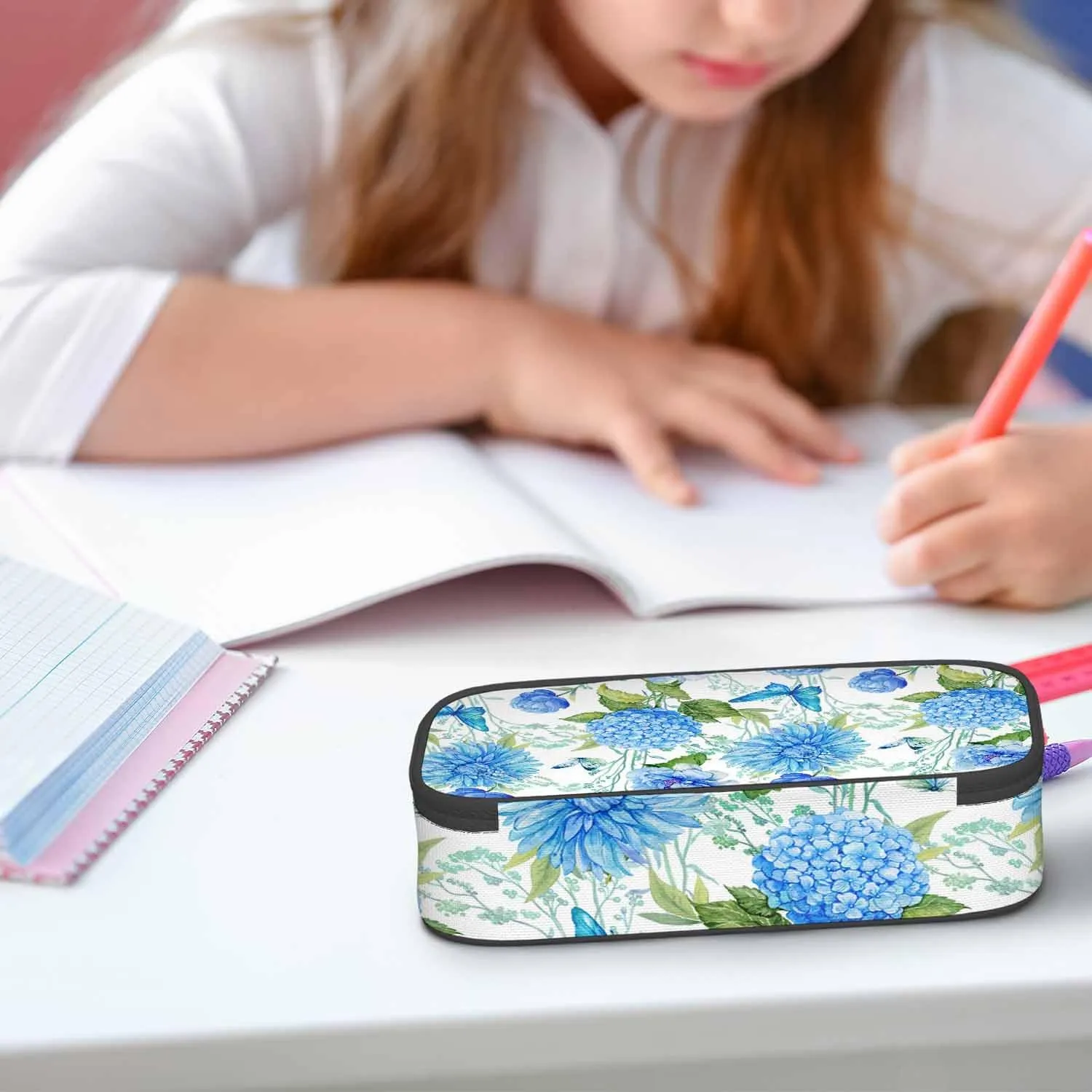 Blue Flower Pencil Holder Bag Hydrangea Butterflies Floral Green Leaves Pencil Case College Office School for Teens Boy Girl