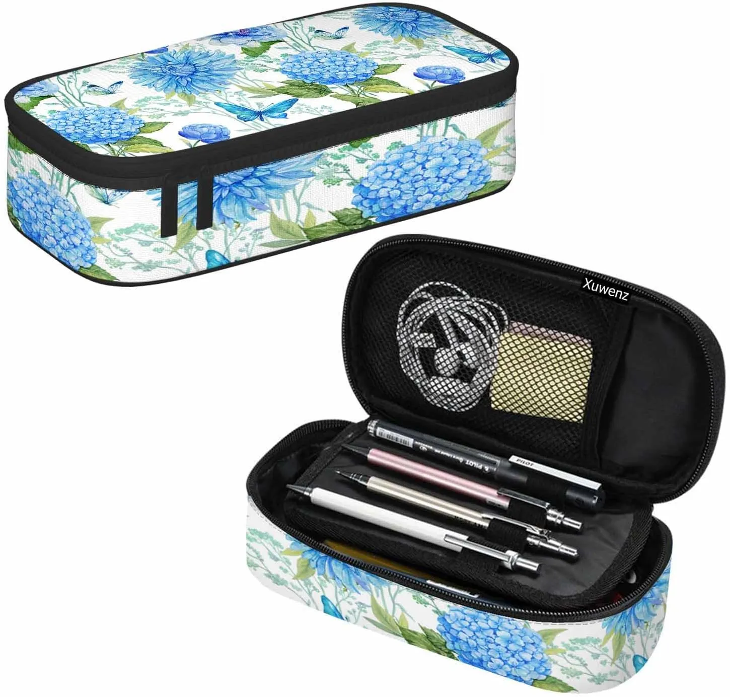 Blue Flower Pencil Holder Bag Hydrangea Butterflies Floral Green Leaves Pencil Case College Office School for Teens Boy Girl