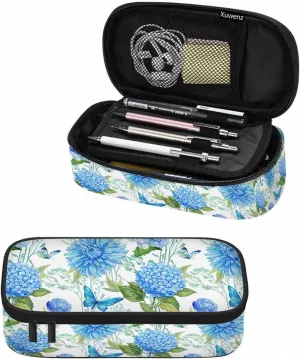 Blue Flower Pencil Holder Bag Hydrangea Butterflies Floral Green Leaves Pencil Case College Office School for Teens Boy Girl