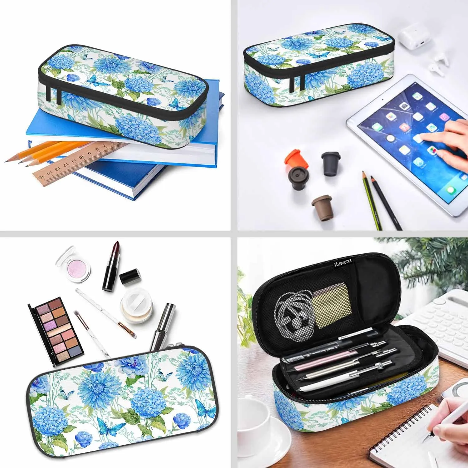 Blue Flower Pencil Holder Bag Hydrangea Butterflies Floral Green Leaves Pencil Case College Office School for Teens Boy Girl