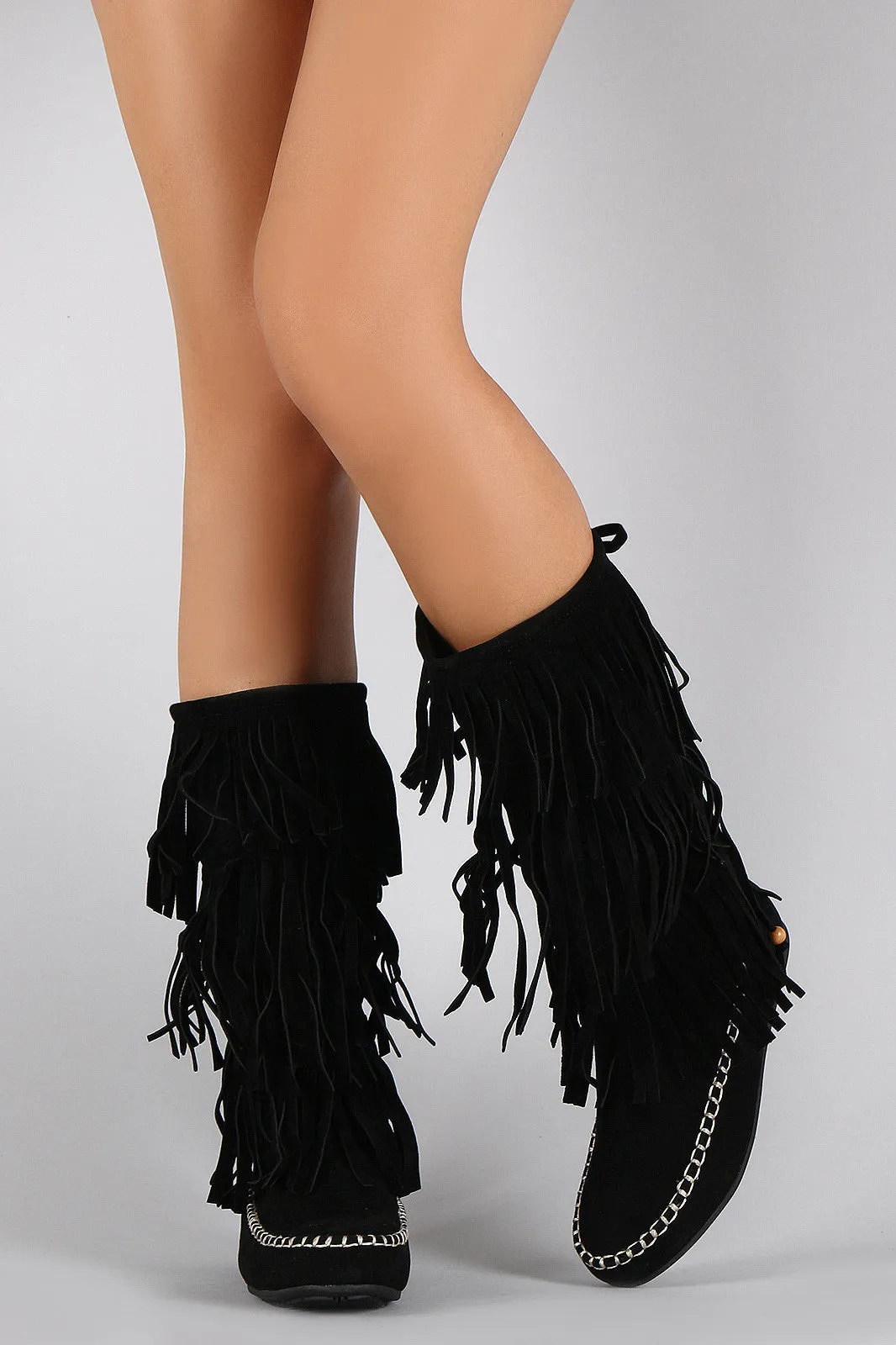 Boot Calf Toe Round Flat Mid Fringe Optimized Moccasin Suede Triple Ready-made
