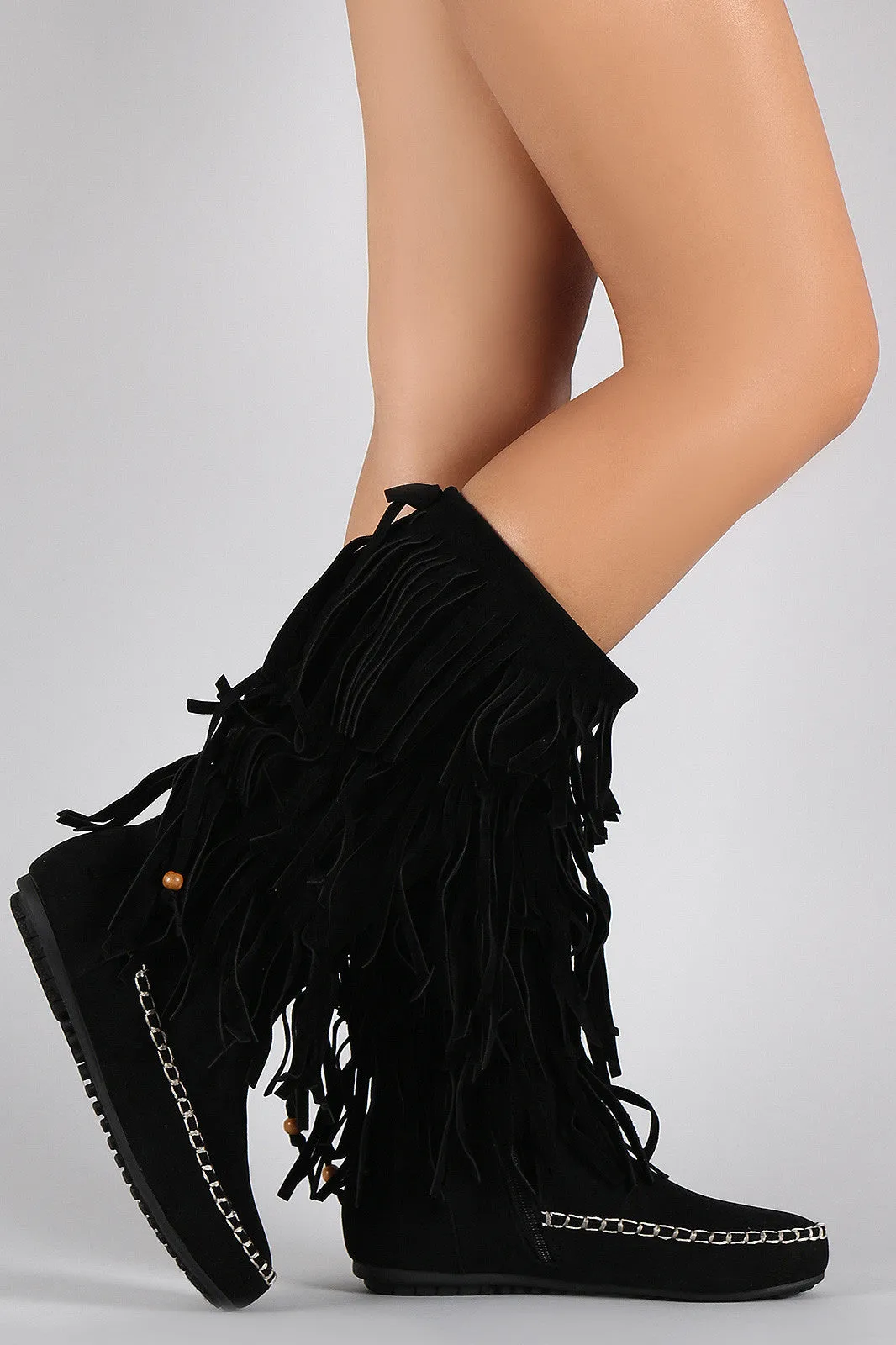 Boot Calf Toe Round Flat Mid Fringe Optimized Moccasin Suede Triple Ready-made