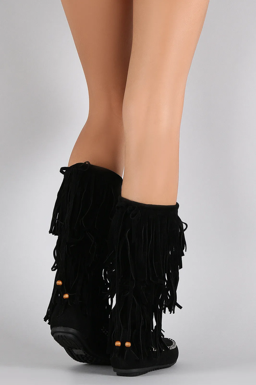 Boot Calf Toe Round Flat Mid Fringe Optimized Moccasin Suede Triple Ready-made