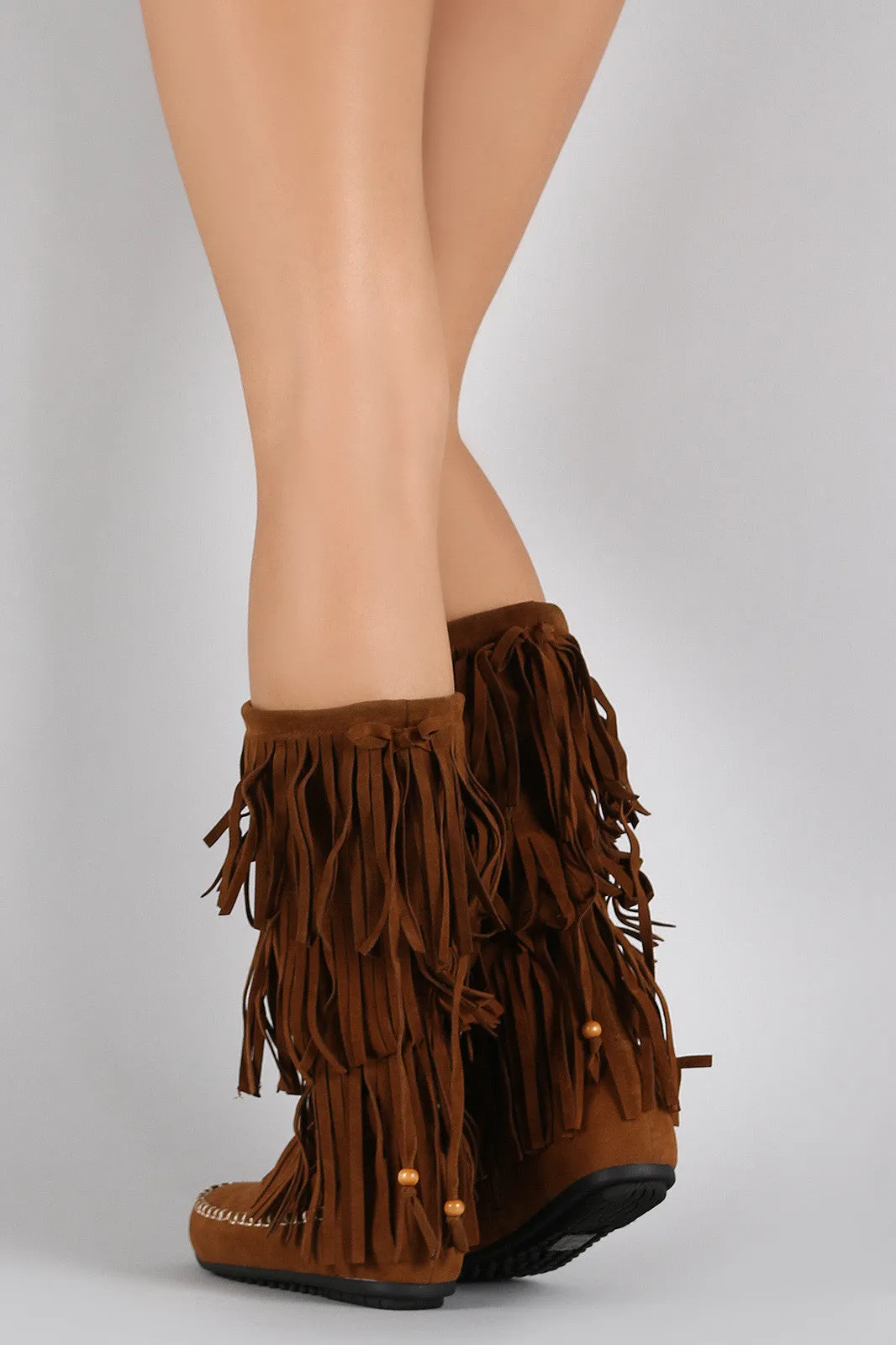 Boot Calf Toe Round Flat Mid Fringe Optimized Moccasin Suede Triple Ready-made