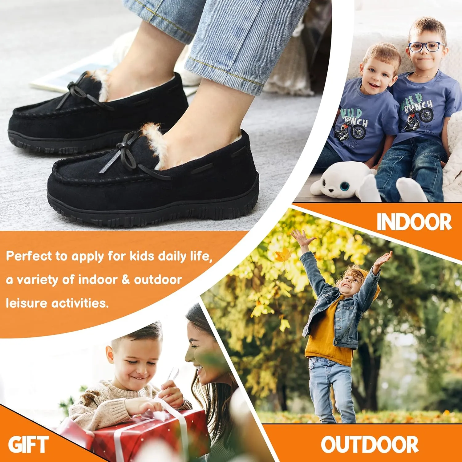 Boys Slippers House Moccasins Slippers for Boys with Memory Foam Nonslip Rubber Sole Indoor Outdoor Shoes for Boys