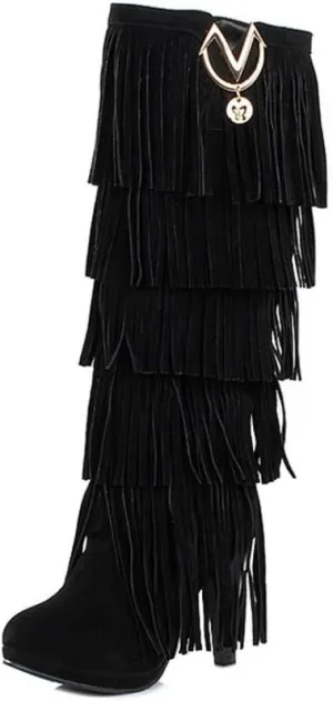 Bubumei Womens Fringe Tassel Stiletto Boots Faux Suede Moccasin High Heel Western Cowboy Knee High Boot