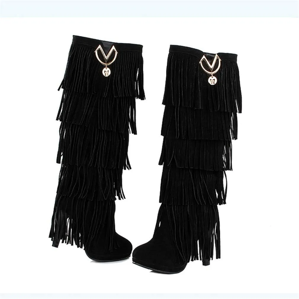 Bubumei Womens Fringe Tassel Stiletto Boots Faux Suede Moccasin High Heel Western Cowboy Knee High Boot