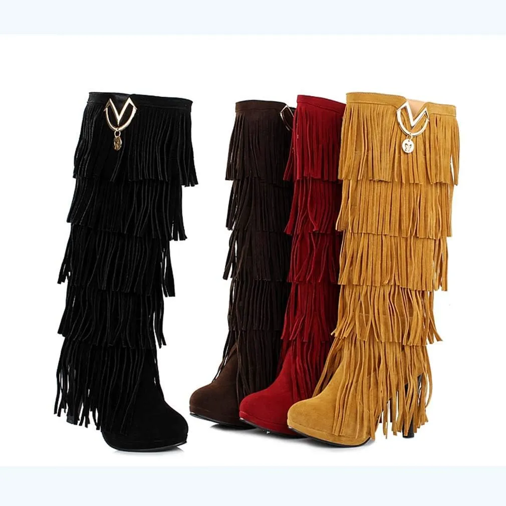 Bubumei Womens Fringe Tassel Stiletto Boots Faux Suede Moccasin High Heel Western Cowboy Knee High Boot