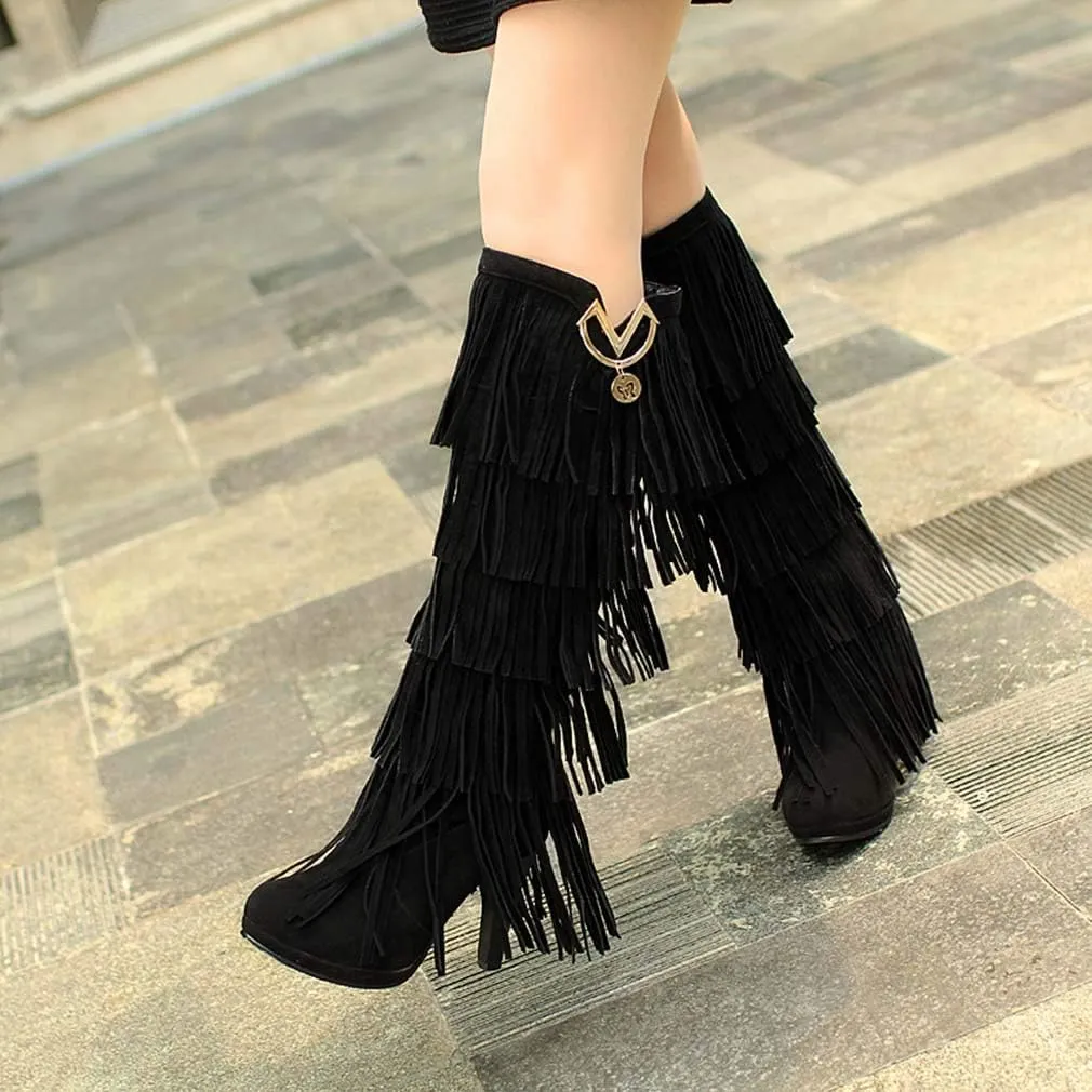 Bubumei Womens Fringe Tassel Stiletto Boots Faux Suede Moccasin High Heel Western Cowboy Knee High Boot