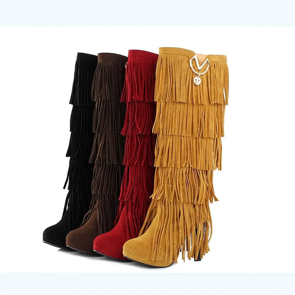 Bubumei Womens Fringe Tassel Stiletto Boots Faux Suede Moccasin High Heel Western Cowboy Knee High Boot