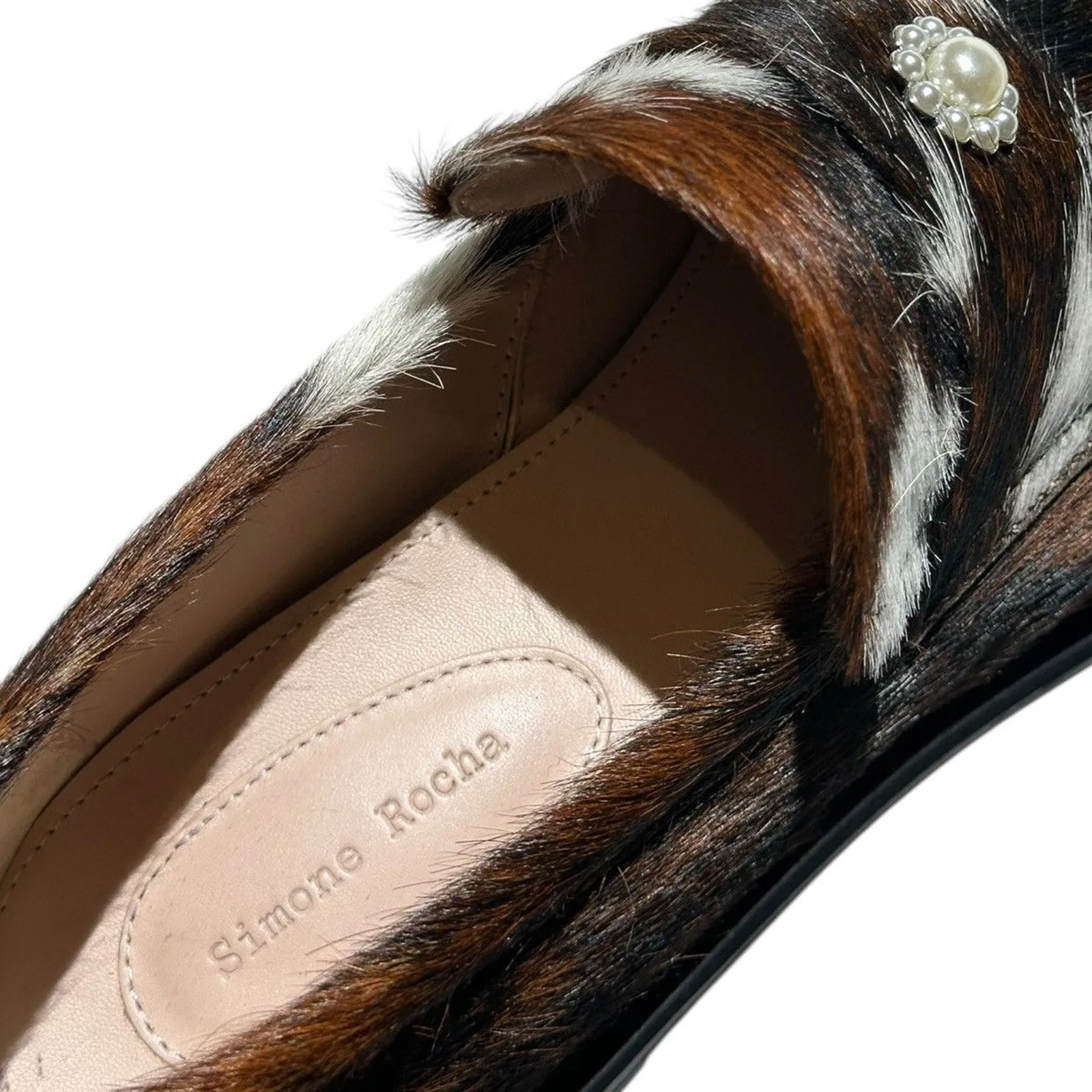 Calf hair fur pearl detail heart toe loafer