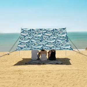 Cartoon Ocean Shark Pattern Beach Canopy Tent Anti-UV & Wind Resistant, Camping Sun Shelter Easy Setup Portable,Outdoor Shade Tents with Sandbags,Sand Shovels,Ground Pegs & Stability Poles