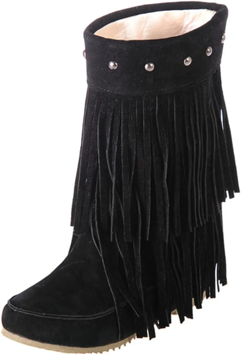 Ciuyurra Classic Double Fringe Moccasin Boots Mid Calf Women Flat