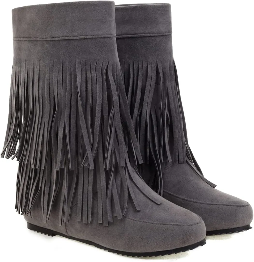 Ciuyurra Classic Double Fringe Moccasin Boots Mid Calf Women Flat