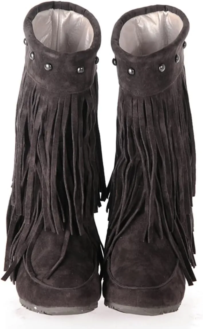 Ciuyurra Classic Double Fringe Moccasin Boots Mid Calf Women Flat