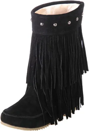 Ciuyurra Classic Double Fringe Moccasin Boots Mid Calf Women Flat