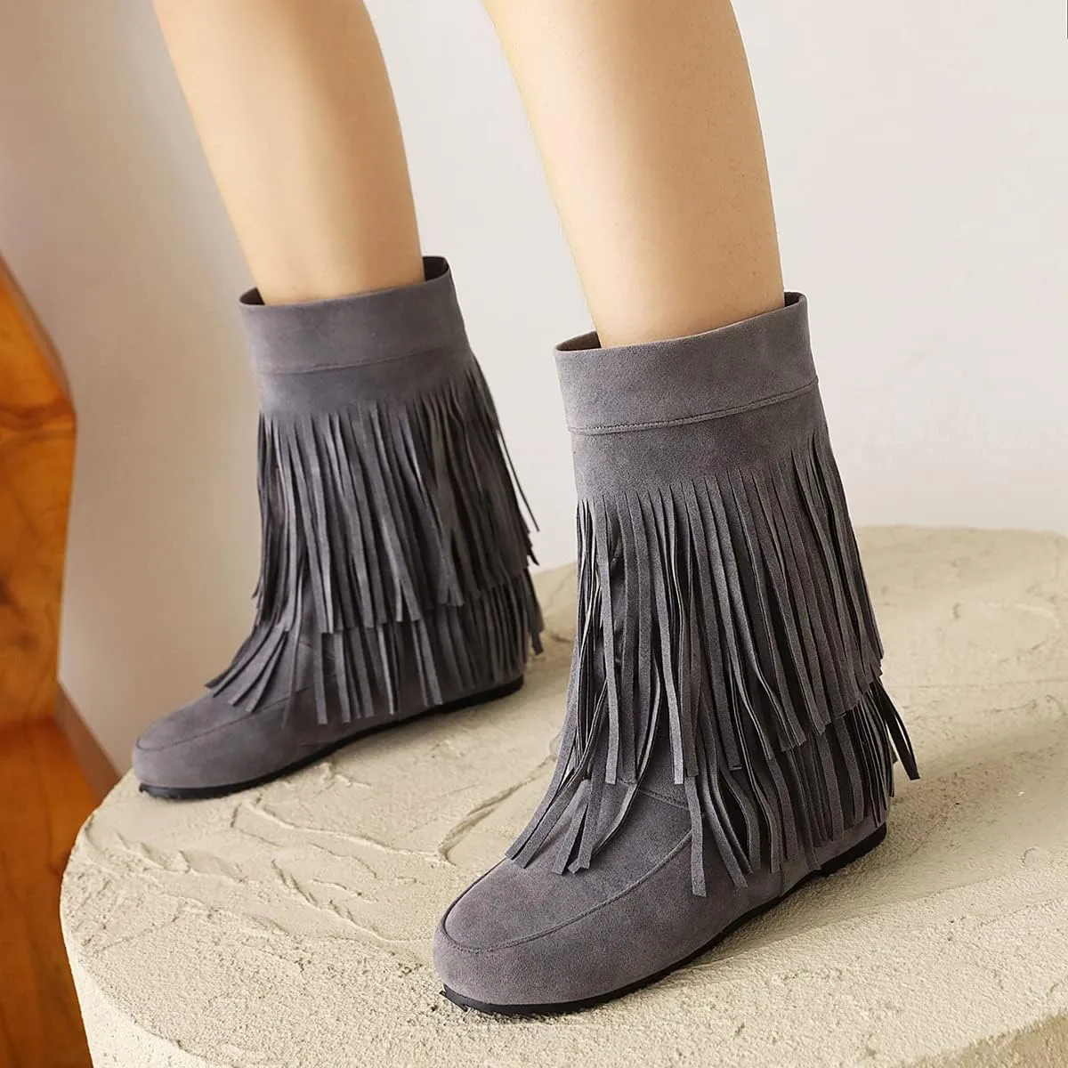 Ciuyurra Classic Double Fringe Moccasin Boots Mid Calf Women Flat
