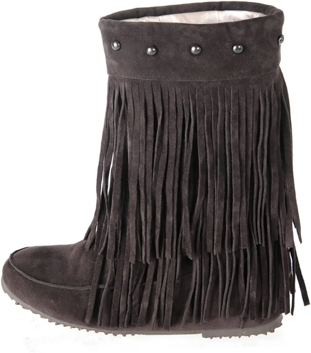 Ciuyurra Classic Double Fringe Moccasin Boots Mid Calf Women Flat