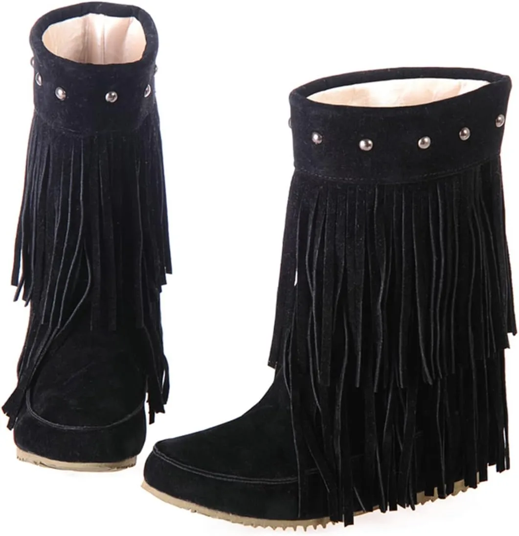 Ciuyurra Classic Double Fringe Moccasin Boots Mid Calf Women Flat
