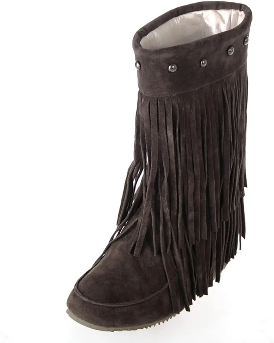 Ciuyurra Classic Double Fringe Moccasin Boots Mid Calf Women Flat