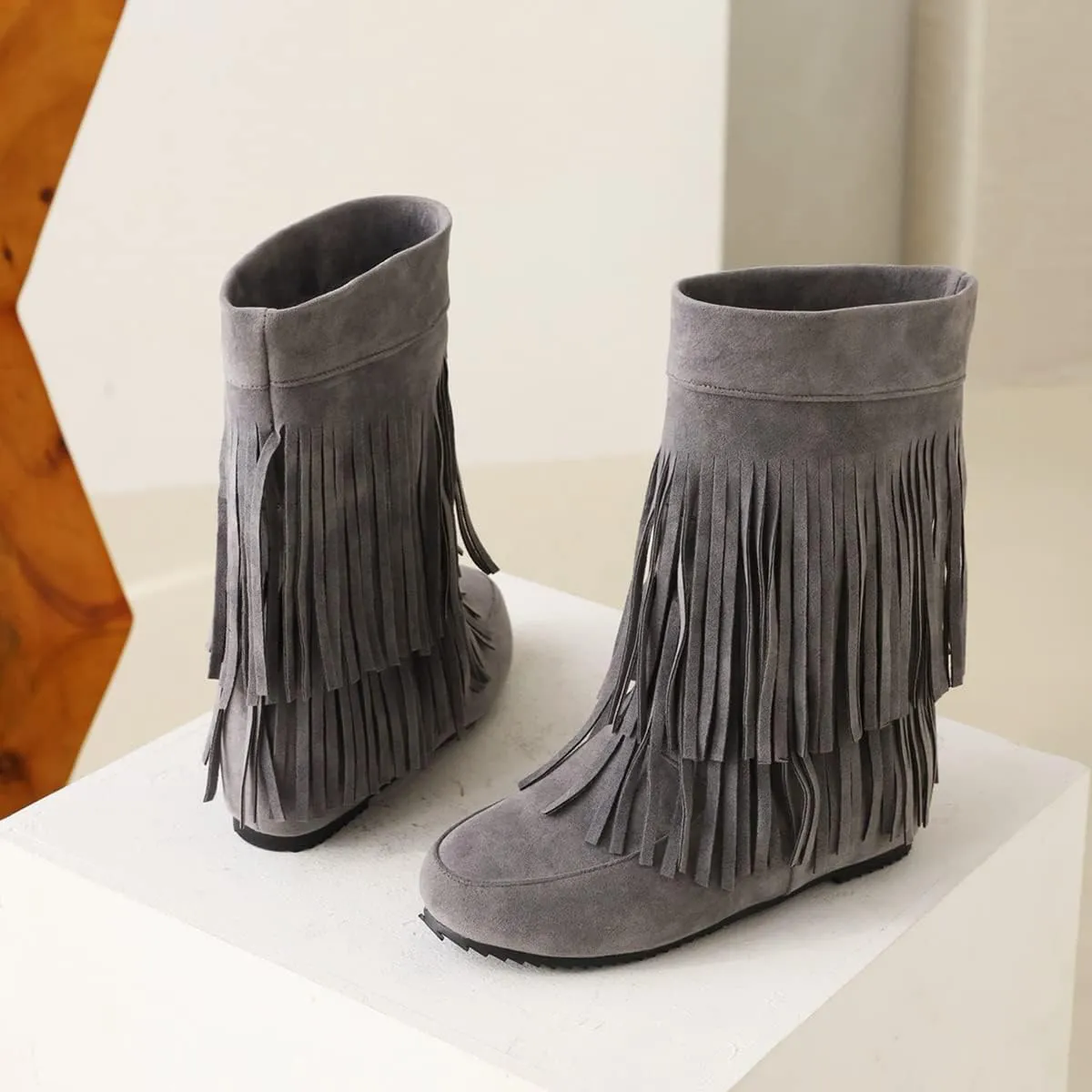 Ciuyurra Classic Double Fringe Moccasin Boots Mid Calf Women Flat