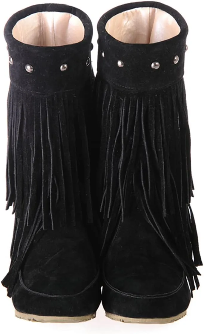 Ciuyurra Classic Double Fringe Moccasin Boots Mid Calf Women Flat