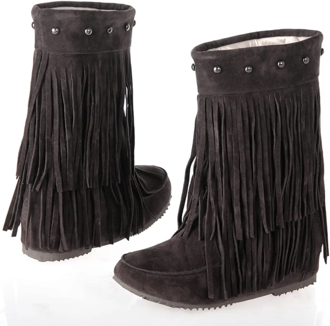 Ciuyurra Classic Double Fringe Moccasin Boots Mid Calf Women Flat
