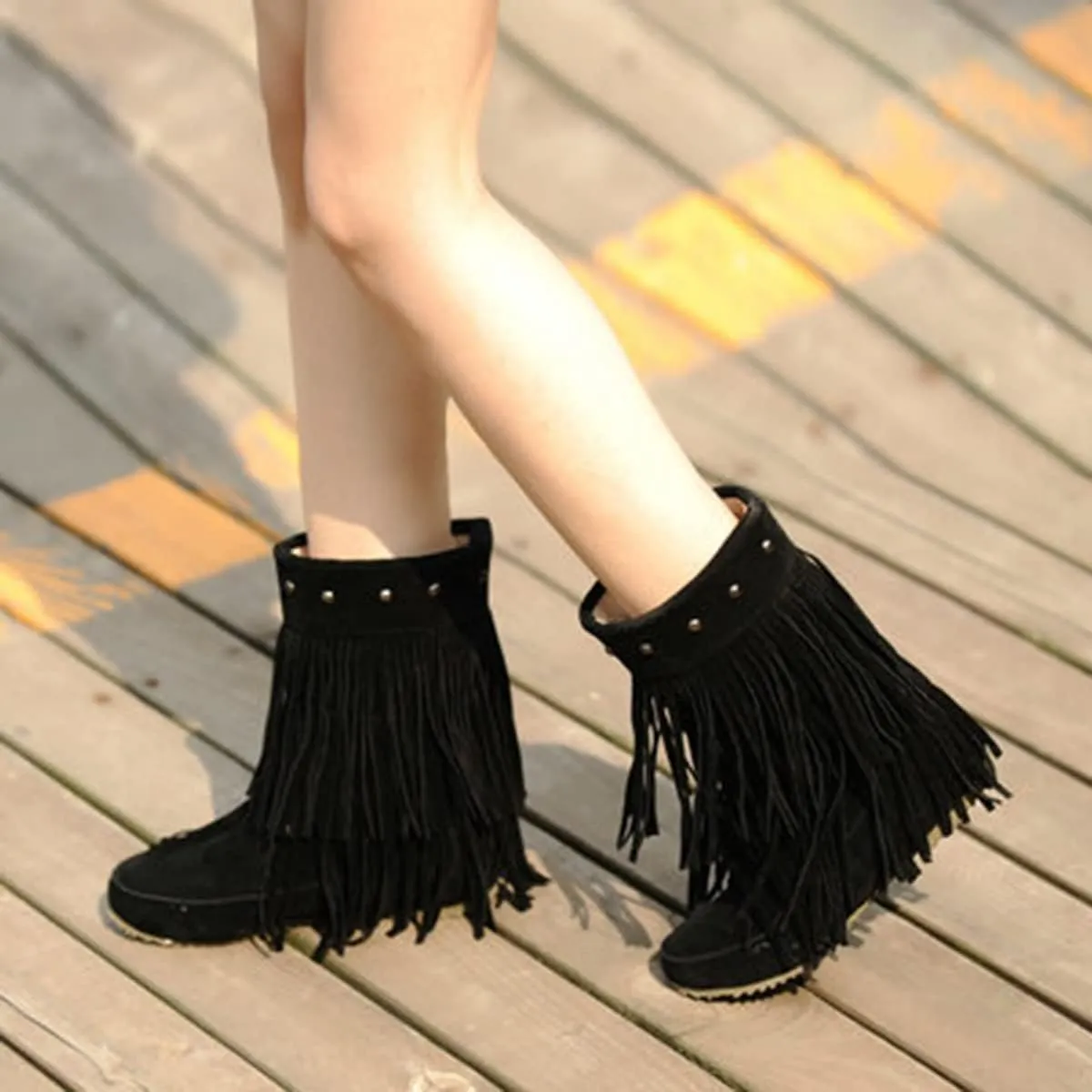 Ciuyurra Classic Double Fringe Moccasin Boots Mid Calf Women Flat