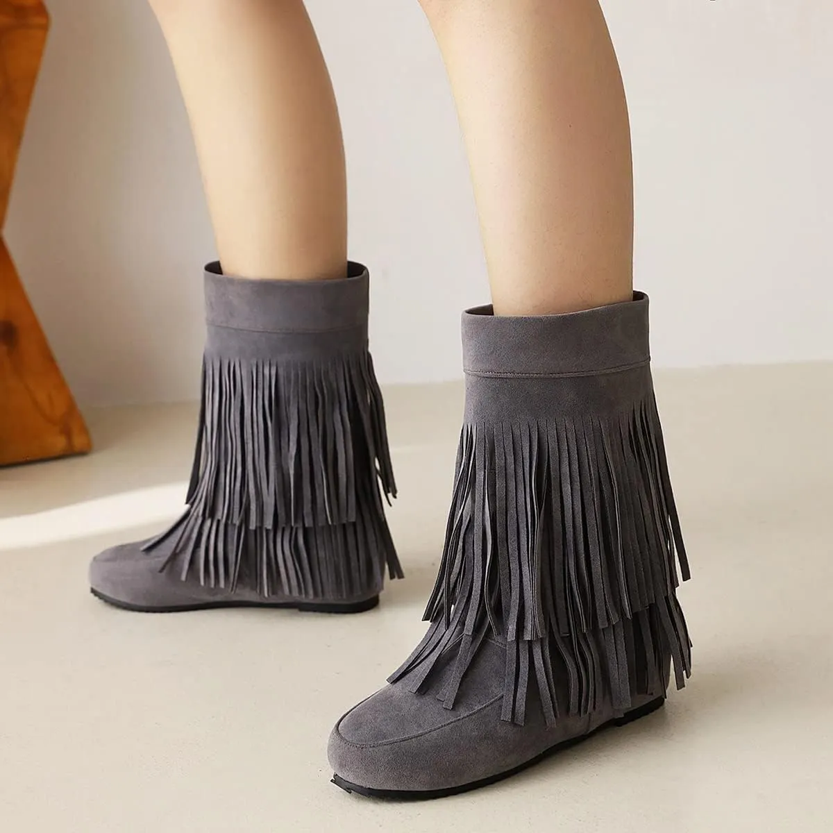 Ciuyurra Classic Double Fringe Moccasin Boots Mid Calf Women Flat