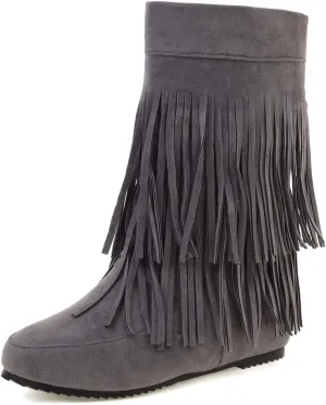 Ciuyurra Classic Double Fringe Moccasin Boots Mid Calf Women Flat