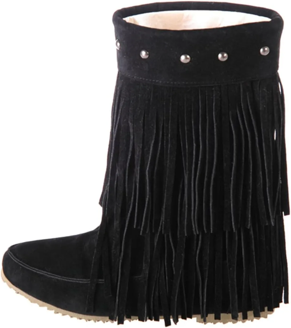 Ciuyurra Classic Double Fringe Moccasin Boots Mid Calf Women Flat