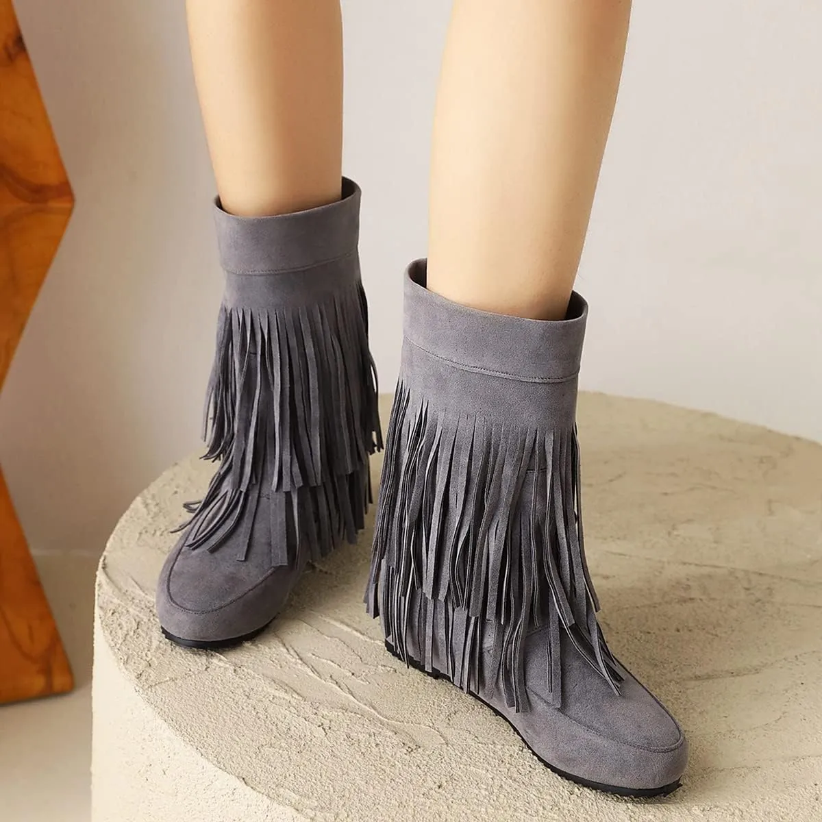 Ciuyurra Classic Double Fringe Moccasin Boots Mid Calf Women Flat