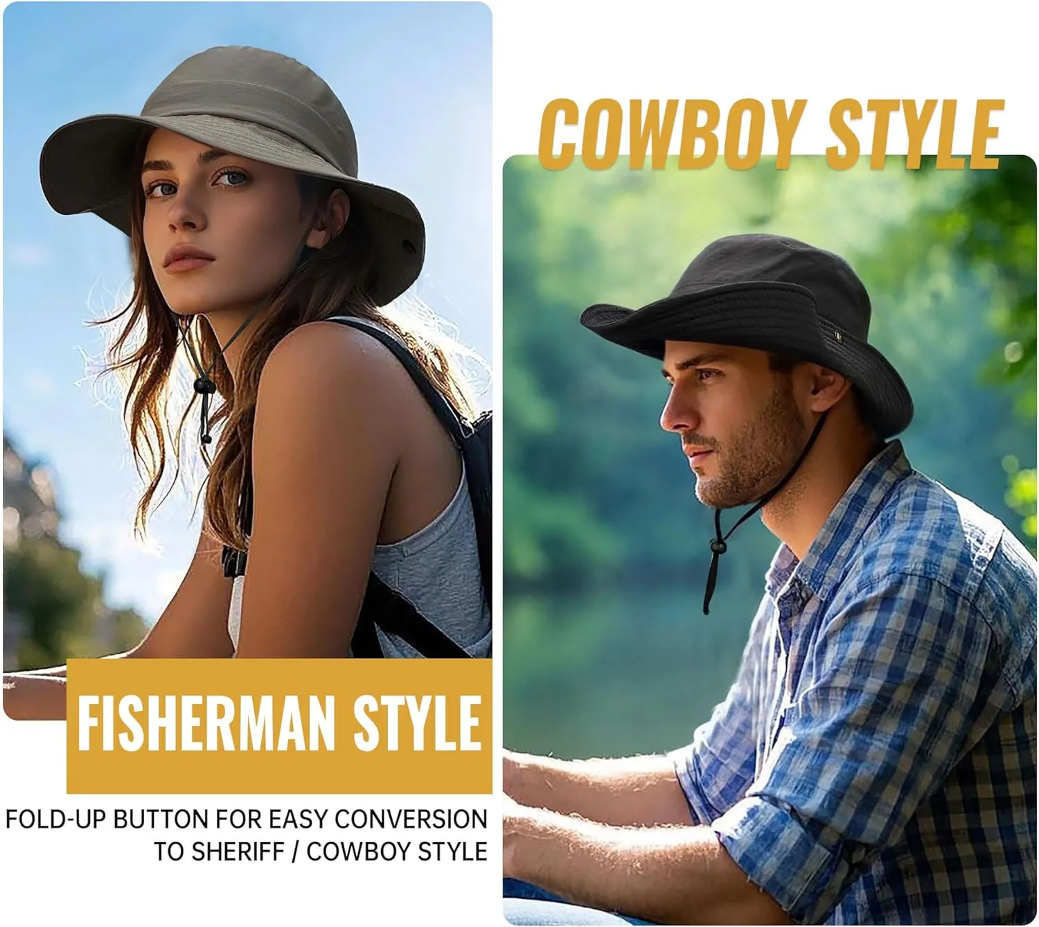 Clakllie Waterproof Fishing Hat Safari Cap Wide Brim Sun Hat Bucket Cap for Women Men Daily Wear Fashion Boonie Cowboy Caps