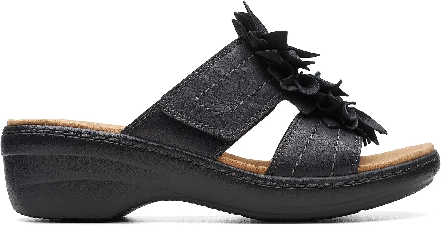 Clarks Women's Merliah Raelyn Slide Sandal, Black Leather, 6.5 Wide