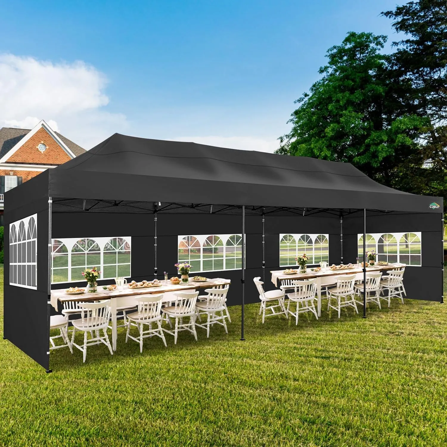COBIZI 10x30 Pop up Canopy Tent 10x30 Canopy with Sidewalls, Heavy Duty Party Tent Tents for Parties, Foldable UPF 50  Waterproof Commercial Easy up Canopy with Roller Bag, Black(Windproof Upgraded)