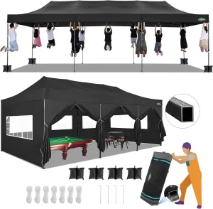 COBIZI 10x30 Pop up Canopy Tent 10x30 Canopy with Sidewalls, Heavy Duty Party Tent Tents for Parties, Foldable UPF 50  Waterproof Commercial Easy up Canopy with Roller Bag, Black(Windproof Upgraded)