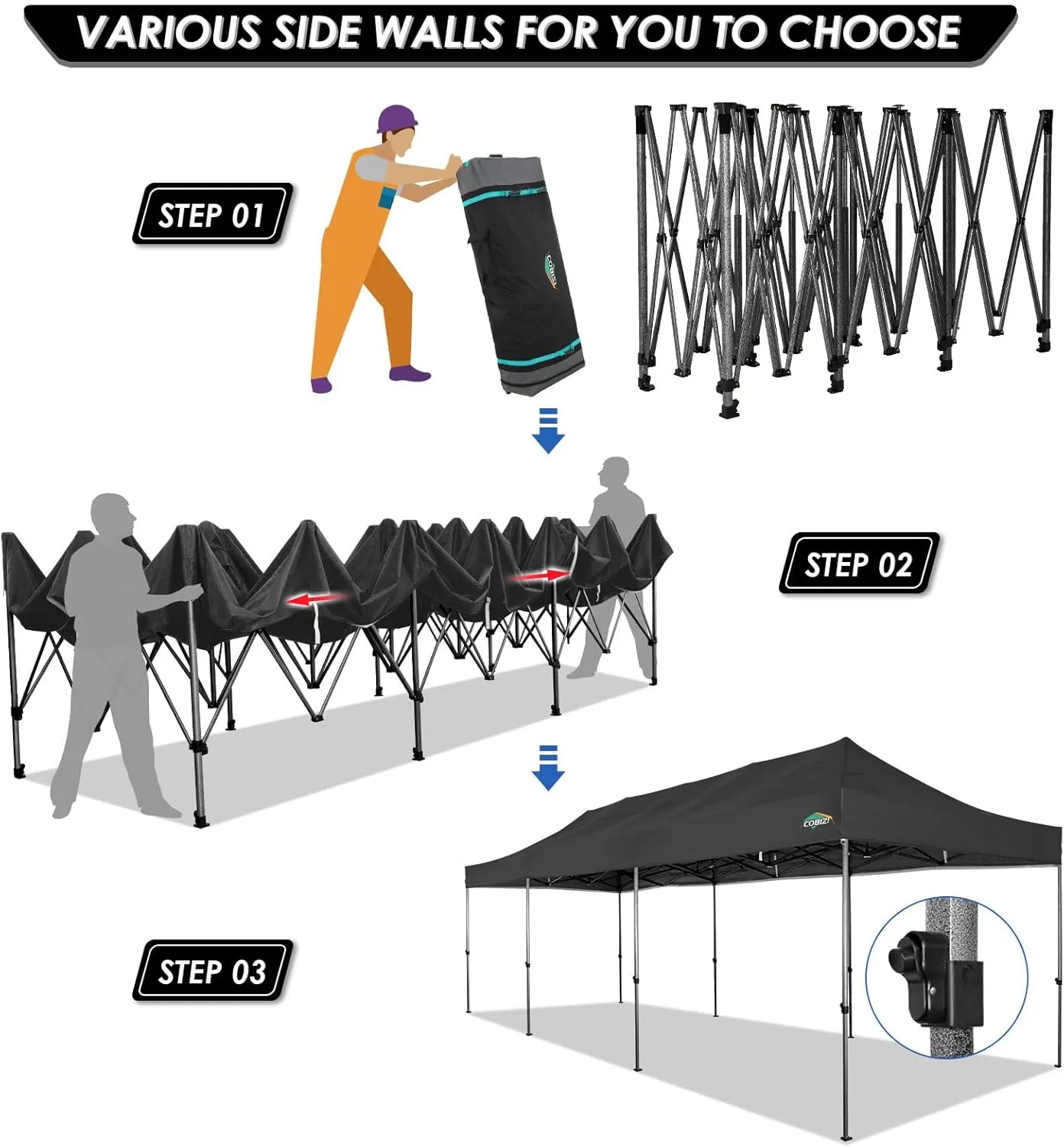 COBIZI 10x30 Pop up Canopy Tent 10x30 Canopy with Sidewalls, Heavy Duty Party Tent Tents for Parties, Foldable UPF 50  Waterproof Commercial Easy up Canopy with Roller Bag, Black(Windproof Upgraded)