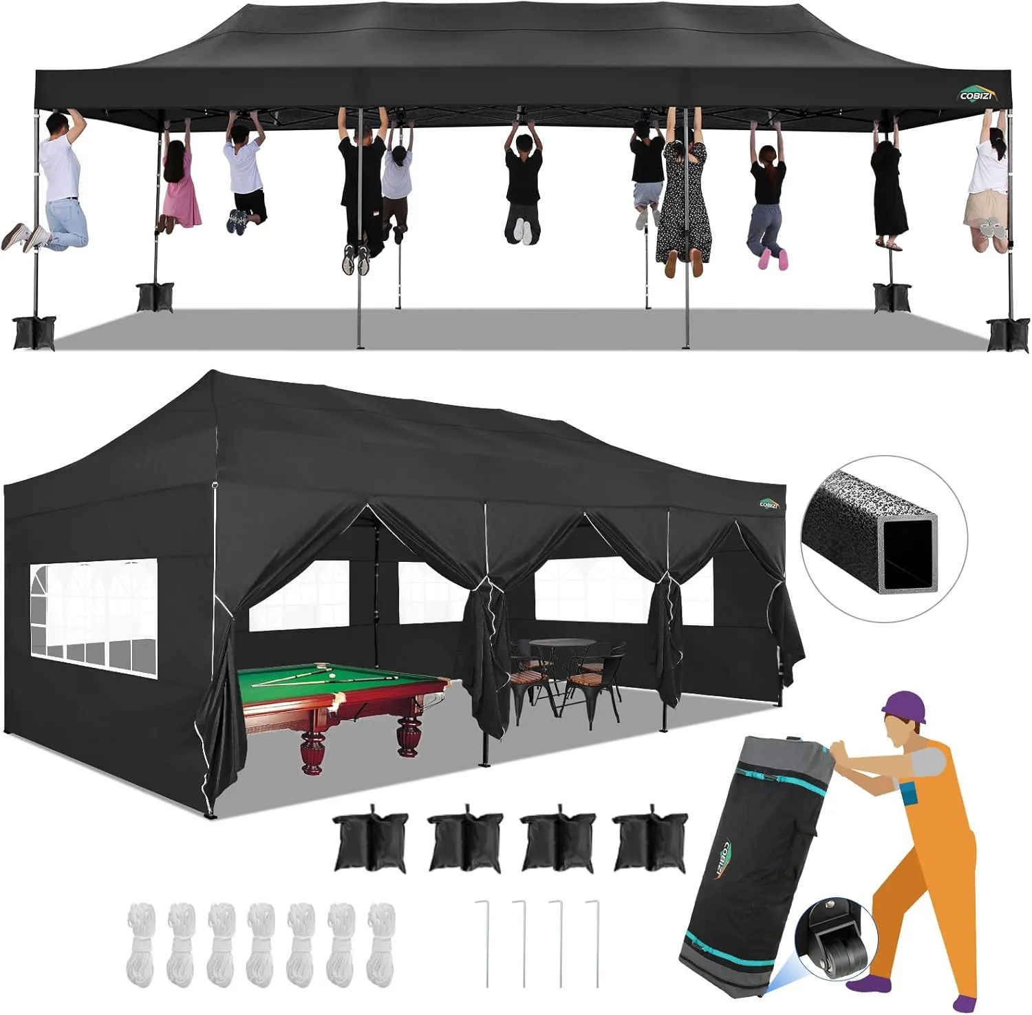 COBIZI 10x30 Pop up Canopy Tent 10x30 Canopy with Sidewalls, Heavy Duty Party Tent Tents for Parties, Foldable UPF 50  Waterproof Commercial Easy up Canopy with Roller Bag, Black(Windproof Upgraded)