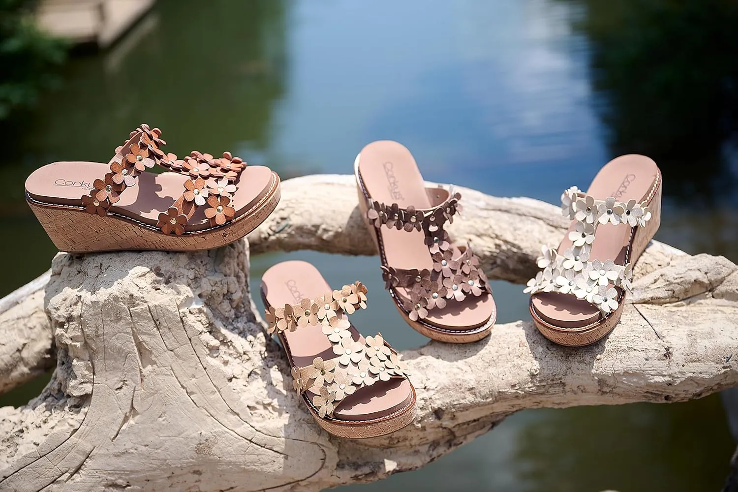 Corkys Footwear Womens Mic Drop Wedge - Featuring A 2.5-inch Heel, A Strappy Upper with 3D Floral Embellishments, and Corkys Signature Soft EVA Insoles