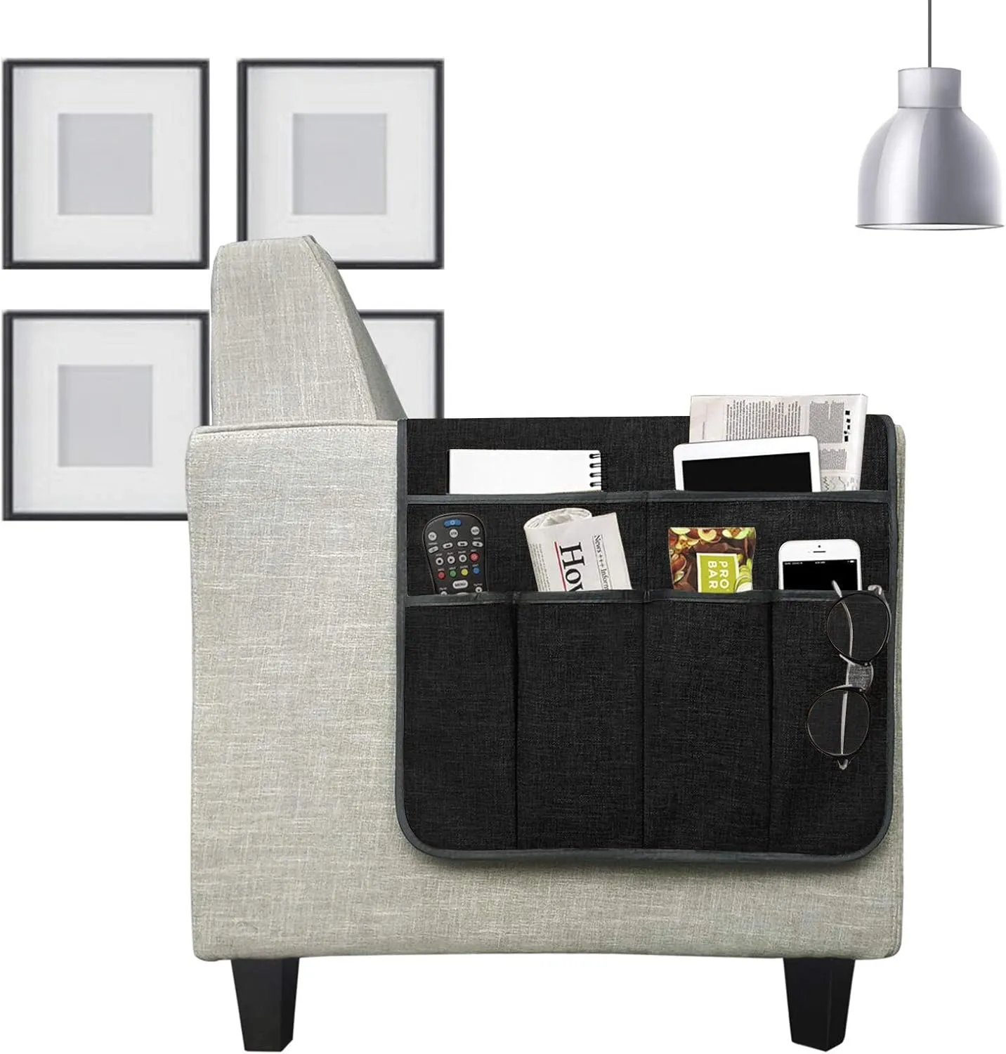 Couch Sofa Armrest Organiser Arm Chair Caddy Bedside Storage Pocket with 6 Pockets TV Remote Holder Bed Storage Pocket Bag for Cellphone Tablet Notepad Book Magazines DVD Glasses