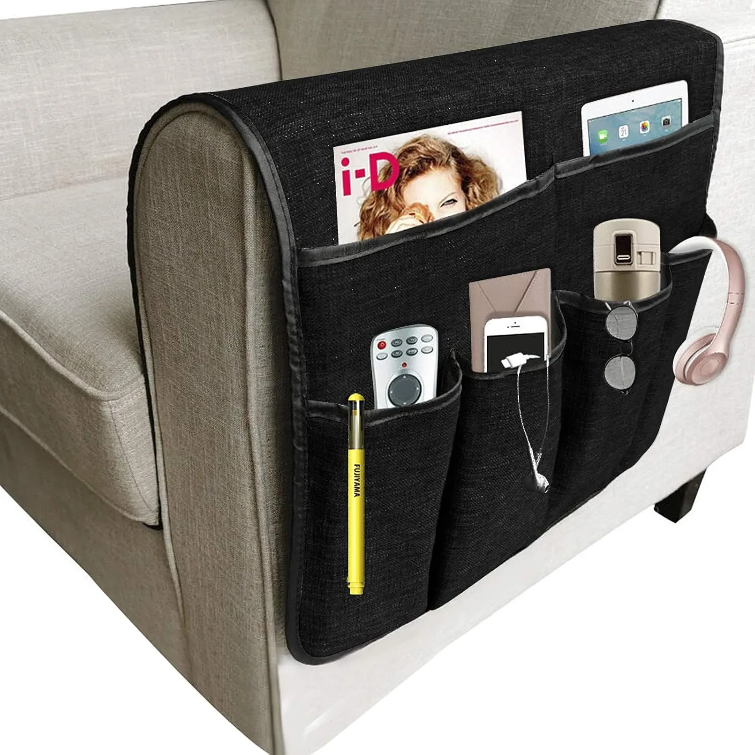 Couch Sofa Armrest Organiser Arm Chair Caddy Bedside Storage Pocket with 6 Pockets TV Remote Holder Bed Storage Pocket Bag for Cellphone Tablet Notepad Book Magazines DVD Glasses