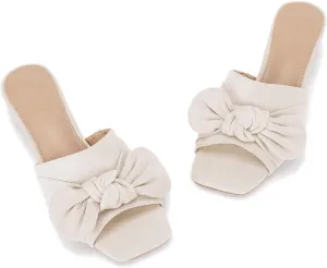 Coutgo Womens Bow Slides Sandals Wide Width Slip On Chunky Low Heels Square Open toe Elagant Summer Shoes