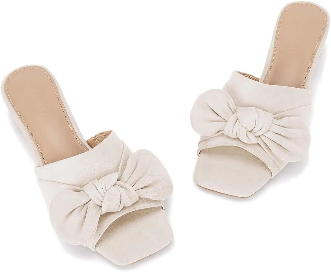 Coutgo Womens Bow Slides Sandals Wide Width Slip On Chunky Low Heels Square Open toe Elagant Summer Shoes