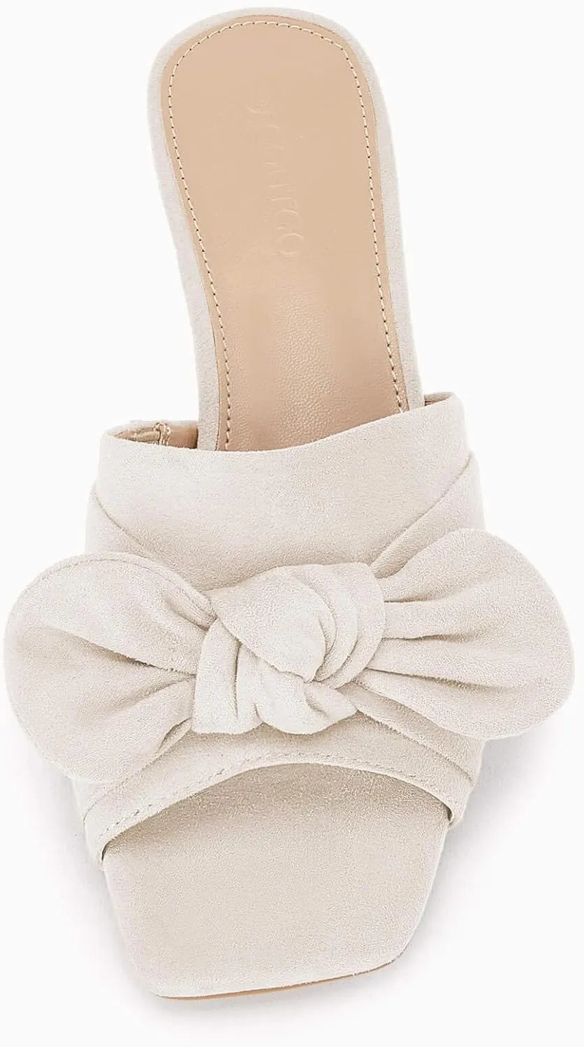 Coutgo Womens Bow Slides Sandals Wide Width Slip On Chunky Low Heels Square Open toe Elagant Summer Shoes